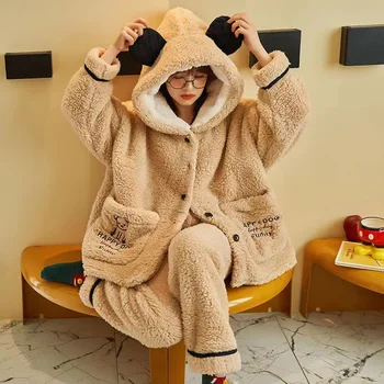 Kadınlar Için kış Flanel Pijama Setleri Mercan Polar Kalın Sıcak Tatlı Sevimli Loungewear Ev Giysileri 2 Parça / takım