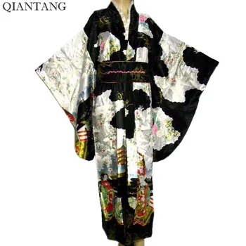 Özel Teklif Siyah Vintage Japon Kadın Kimono Yukata Lady Abiye Çiçek Mujer Quimono Bir Boyut H0016