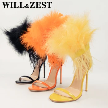 WİLL & ZEST Stilleto Yüksek Seksi Tüy Topuklu Moda Beyaz Bling Yaz Sandalet Burnu açık Komik Kadın Ayakkabı Striptizci Topuklu Fetiş