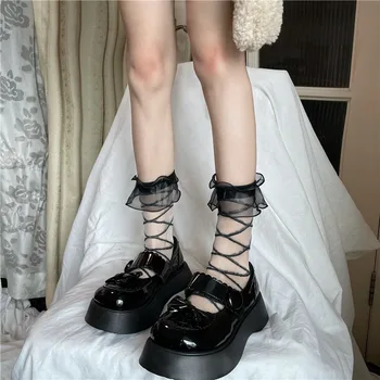 2022 Yaz Ultra İnce Tül Çorap Kadın Şeffaf Çapraz Uzun Çorap Kadın Şifon Lace Up komik çoraplar Streetwear Çorap