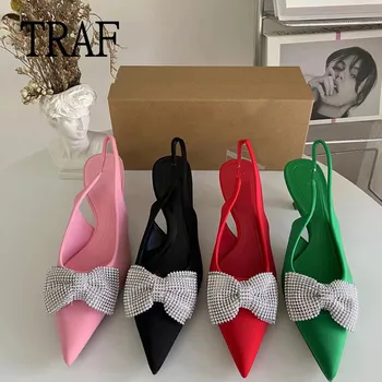 TRAF Taklidi Yay Topuklu Topuklu Kadın Pompaları 2022 Kırmızı Yeşil Pembe Siyah topuklu ayakkabı Düğün Gelin Glitter Stiletto Yüksek Topuklu