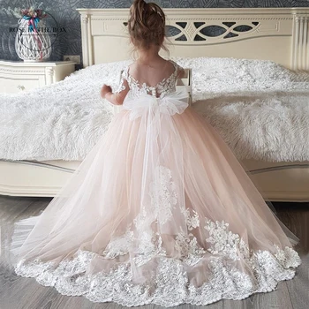 Yeni Dantel Aplike Uzun Kollu Çiçek Kız Elbise 2022 İlk Communion elbise Balo Robe Mariage Enfant Fille
