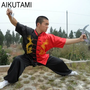 Çin Ejderha Baskılı Wushu Üniformaları Tai Chi Kostüm Siyah Kırmızı Gevşek Ceket ve pantolon seti Zen Giyim Tai Chi Tuta