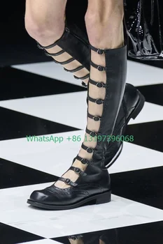 Lady siyah PU hollow tasarım düz diz çizmeler yan zip deri çizmeler T gösterisi ziyafet yaz çizmeler günlük ayakkabı ayakkabı büyük boyutu