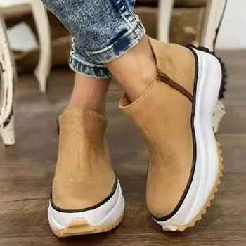 2022 Kadın Deri Çizmeler Yuvarlak Ayak Yan Fermuar Beyaz Alt Bayanlar platform ayakkabılar Düz Renk Günlük Yürüyüş Kadın Ayak Bileği Patik