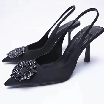 ZA 2023 Kadın Pompaları Slingback Ayakkabı Siyah Stiletto Yüksek Topuklu Kadın Taklidi Topuklu Sandalet Bayanlar Düğün Gelin Pompası