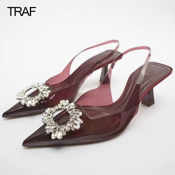 TRAF RhinestoneTransparent Topuklu Kadın Ayna lüks ayakkabı Pompaları Düğün Gelin İnci Şeffaf Topuklu Kadın Yaz 2022 Topuk Ayakkabı