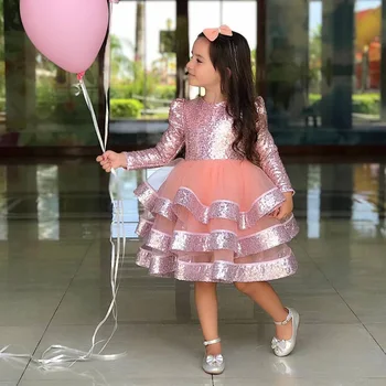 Sevimli Bebek Kız Parti Elbise Pageant Törenlerinde Pembe Pullu Katmanlı Tül Cupcake Elbise Çiçek Kız Elbise