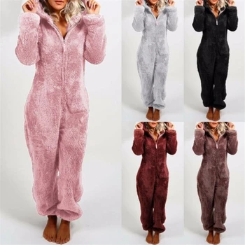 Kış Sıcak Pijama Kadın Onesies Kabarık Polar Tulumlar Pijama Genel Hood Setleri Pijama Kadın Yetişkinler İçin-