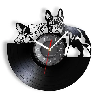 Fransız Bulldog Çift Duvar Sanatı Ev Dekor duvar Saati Vinil Kayıt Yapılmış Modern Yavru Köpek Duvar Saati Köpek Cins Köpek Sahipleri Hediye