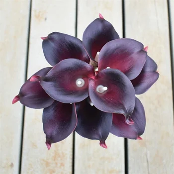Siyah Bordo Calla Lilyum Gerçek Dokunmatik Çiçekler İpek Düğün Buketleri, Centerpieces, Düğün Süslemeleri