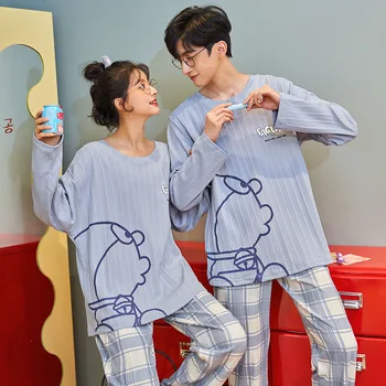 Pamuklu Pijama Çift Ekose Pantolon Pijama Erkek Kadın Sonbahar Pijama 2 Parça yatak odası takımı Pijama Uzun Kollu Loungewear Kıyafeti