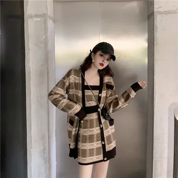 Kadın Sonbahar Kış Ekose Hırka Kazak Örme Elbise Yeni Kore Örgü Kazak Kaşkorse Bir Kelime Etek Üç parçalı Ins Gelgit ML168