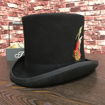 Siyah Erkekler Yün Fedora Şapka Düz Çılgın Şapkacı silindir şapka Geleneksel Başkan Parti Şapka Steampunk Sihirli Şapka tüy ile