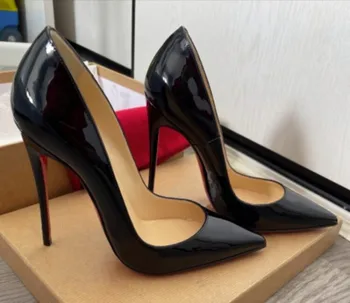 Klasik Kırmızı Parlak Alt Yüksek Topuklu 8 10 12 cm Ayakkabı Kadın Pompaları Deri Siyah Kırmızı Pompalar Sivri Burun Stilettos Seksi Düğün Ayakkabı