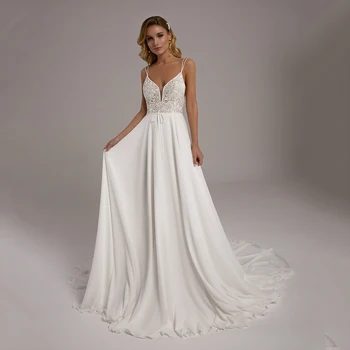 UZN Fildişi A-Line Şifon düğün elbisesi Sevgiliye Spagetti Sapanlar Dantel Aplikler gelinlikler İnciler Boncuk gelinlik 2023