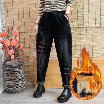 Kadın Yüksek Bel Kot Nakış Retro Kot Kadın Kış 2022 Siyah Gevşek Sokak Stili harem pantolon Jean Büyük S-4XL