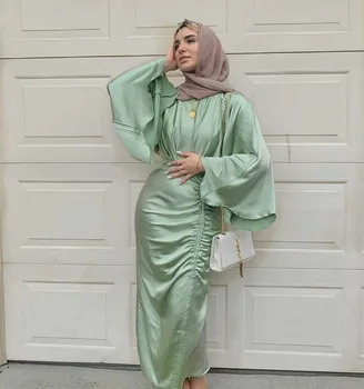 Ramazan Saten Abaya Dubai Türkiye Müslüman Moda İnce Pilili Başörtüsü Elbise İslam Mütevazı Giyim Yeşil Afrika Elbiseler Kadınlar için