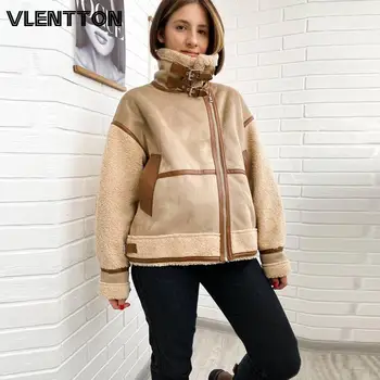 Yeni Kış Kadın Kalın Vintage Splice Süet Ceket Ceket Gevşek Sıcak Lambswool Biker Dış Giyim Kadın Boy Faux Deri Palto