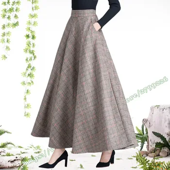 Kadın 2021 Sonbahar Kış Moda Vintage Retro Artı Boyutu 7XL 6XL Yüksek Bel Yün Ekose A-line Zarif Uzun Etekler kadınlar için