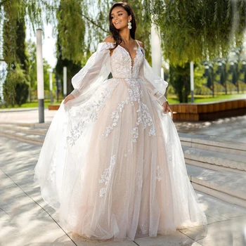 V Yaka Aplikler Boncuk Spagetti Sapanlar Çıkarılabilir Kollu A-Line Sequins Tül Boho düğün elbisesi gelinlikler Vestido De Noiva