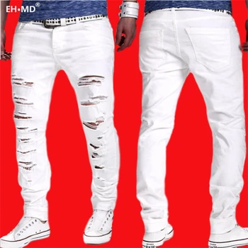 EH * md ® Beyaz Delik Çizik Kot erkek Pamuklu Yüksek Sokak Kentsel Streç siyah pantolon İnce Nefes İnce Ayak Rahat 2020