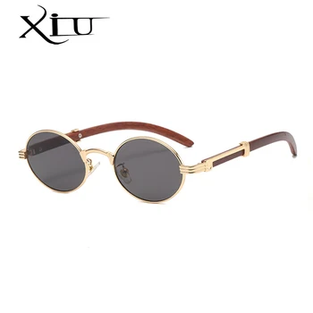 XIU retro tarzı metal güneş gözlüğü kadın yuvarlak erkek altın steampunk küçük çerçeve oval gözlük erkekler için kahverengi mavi ahşap desen uv400