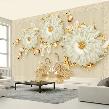 Avrupa Tarzı Lüks 3D Takı Çiçekler Kuğu Duvar Kağıdı Oturma Odası TV Kanepe Arka Plan Duvar Kaplaması Dekor Papel De Parede