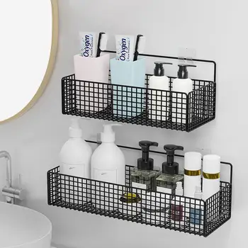 Siyah Duvara monte Banyo Raf Duş Şampuan Raf Tuvalet Aksesuarları Mutfak Ücretsiz Yumruk Çeşni Depolama Sepeti
